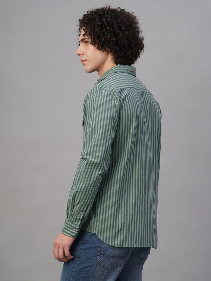 Men's Cotton Lycra Striped Regular Fit Shirt Green