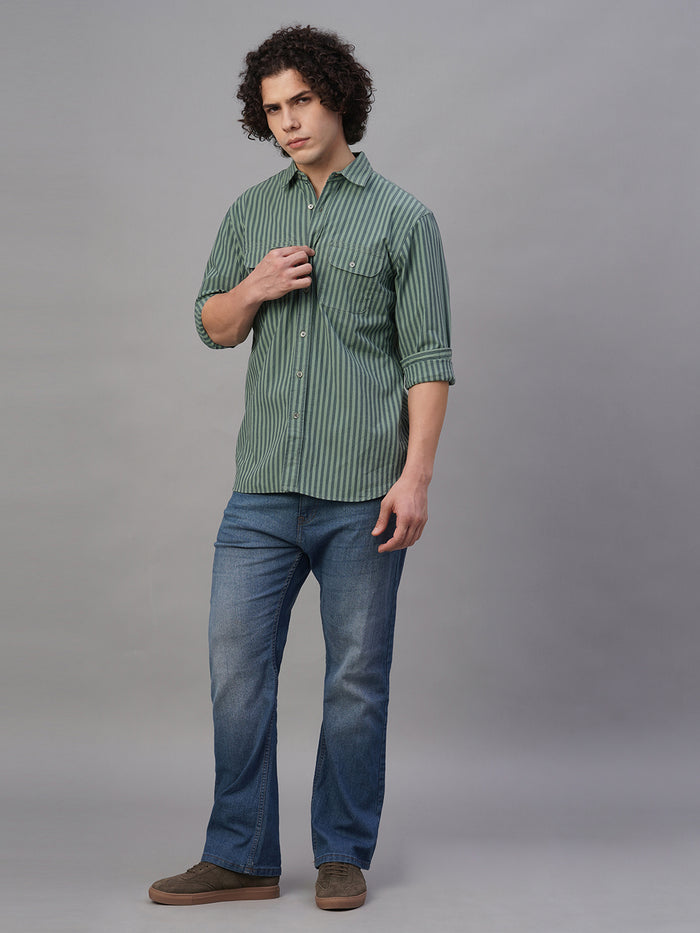 Men's Cotton Lycra Striped Regular Fit Shirt Green
