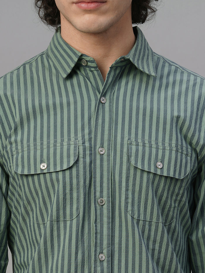 Men's Cotton Lycra Striped Regular Fit Shirt Green