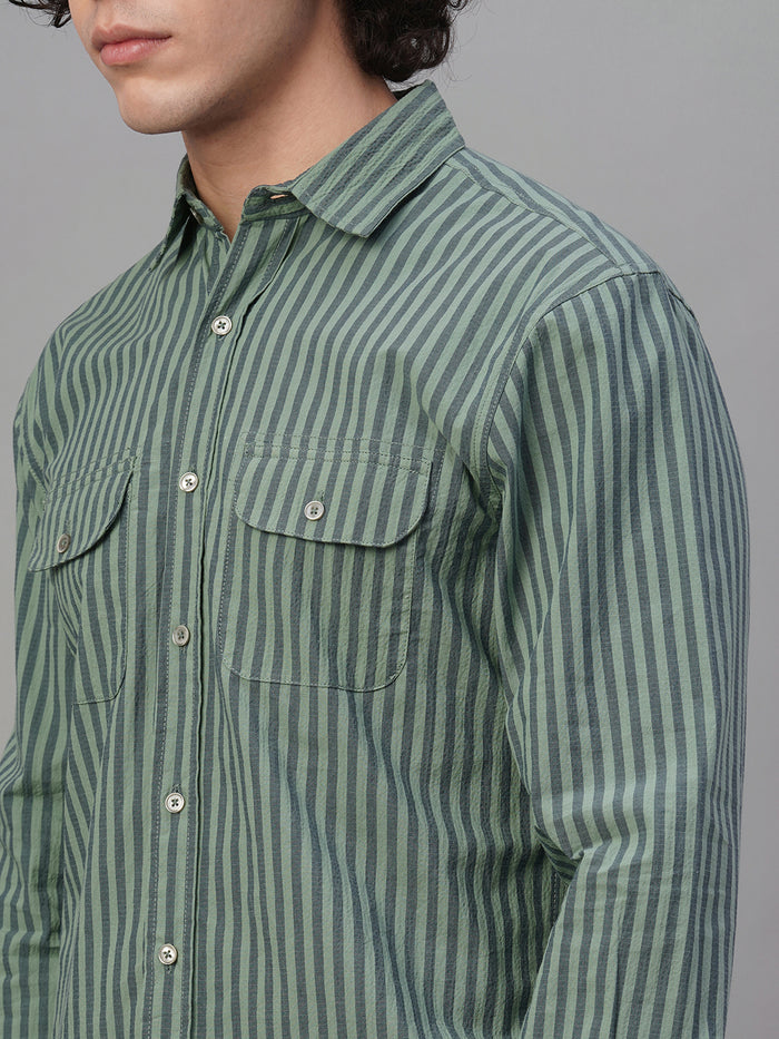 Men's Cotton Lycra Striped Regular Fit Shirt Green