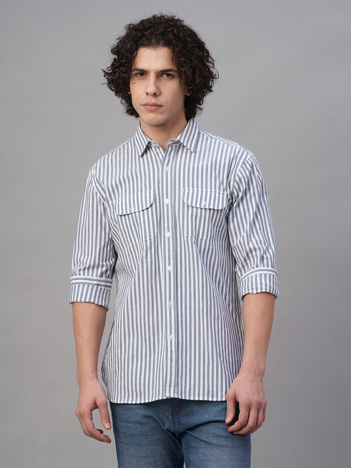 Men's Cotton Lycra Striped Regular Fit Shirt Navy