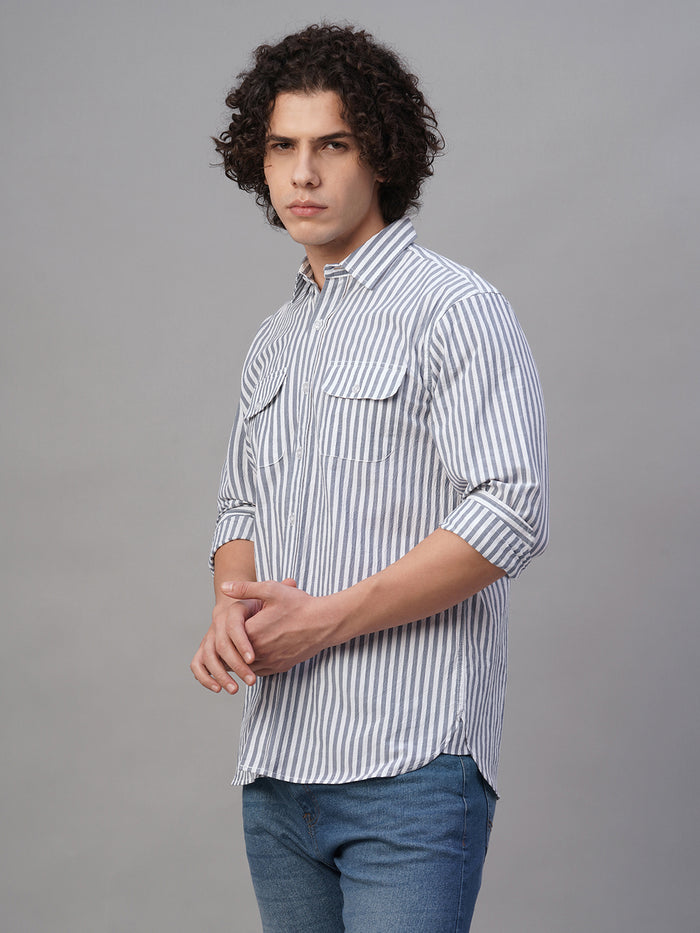 Men's Cotton Lycra Striped Regular Fit Shirt Navy
