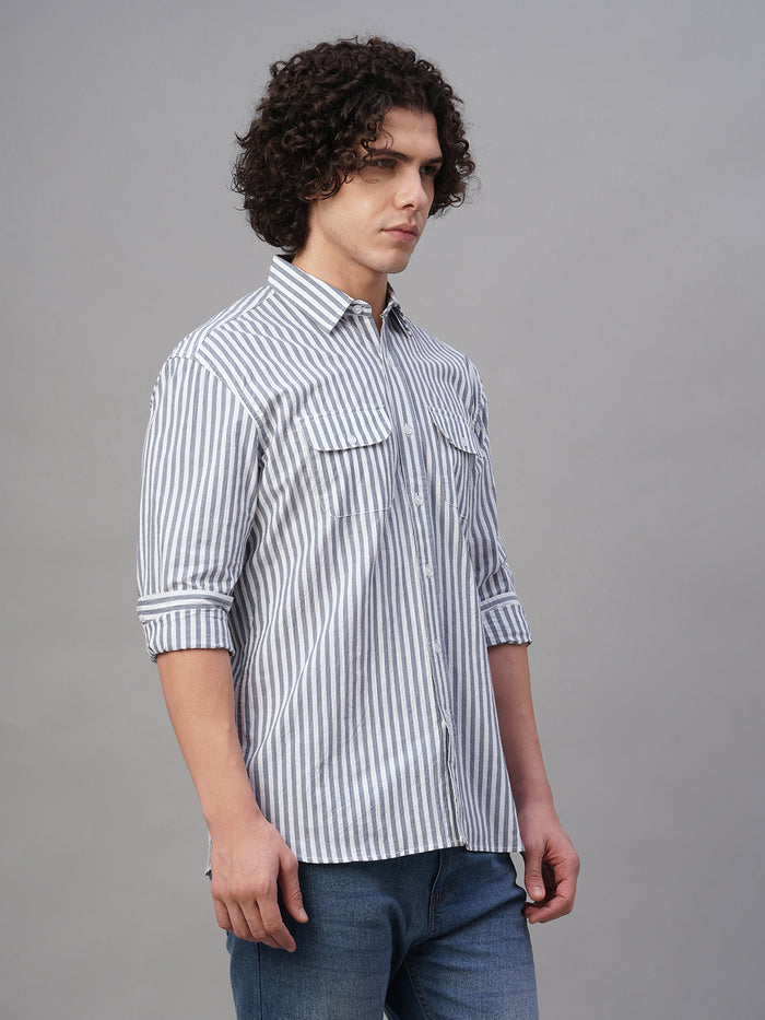 Men's Cotton Lycra Striped Regular Fit Shirt Navy