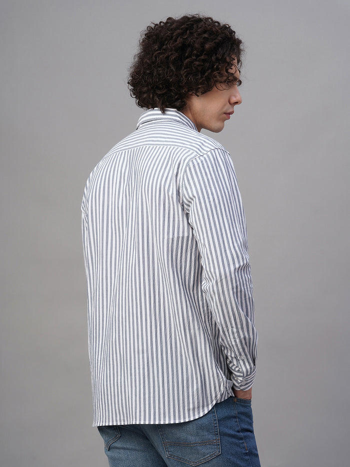 Men's Cotton Lycra Striped Regular Fit Shirt Navy