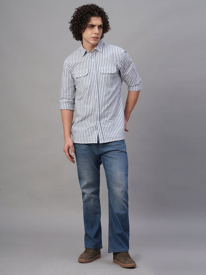 Men's Cotton Lycra Striped Regular Fit Shirt Navy