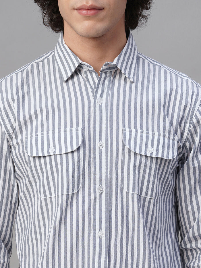 Men's Cotton Lycra Striped Regular Fit Shirt Navy