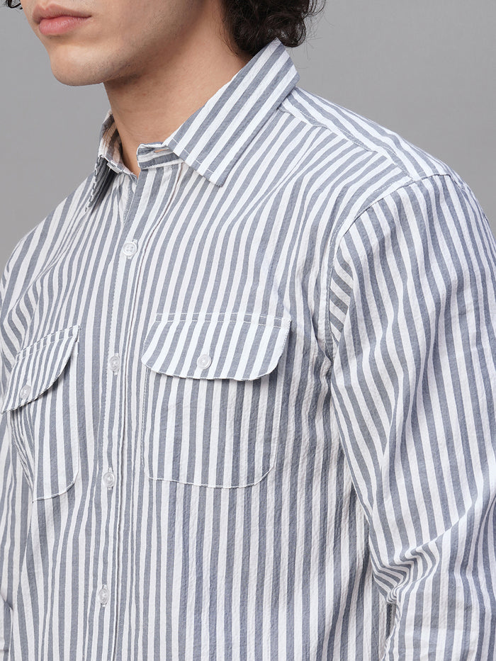 Men's Cotton Lycra Striped Regular Fit Shirt Navy