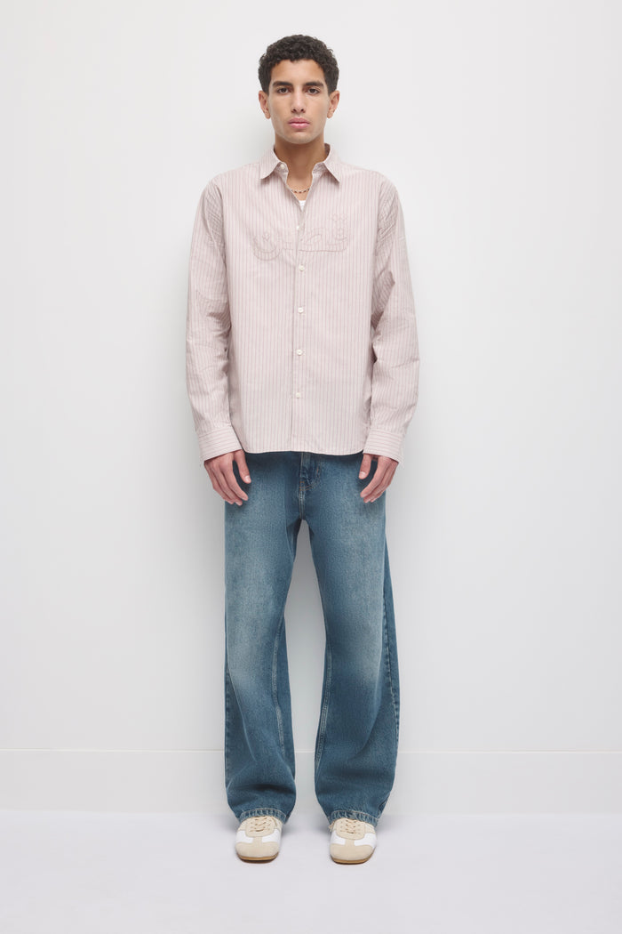 Men's Hadd Applique Shirt in Birch/Mahogany Stripe