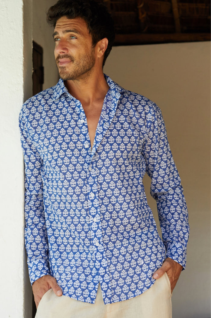 Men's Printed Cotton Shirt | Batik Blue/White - Aspiga