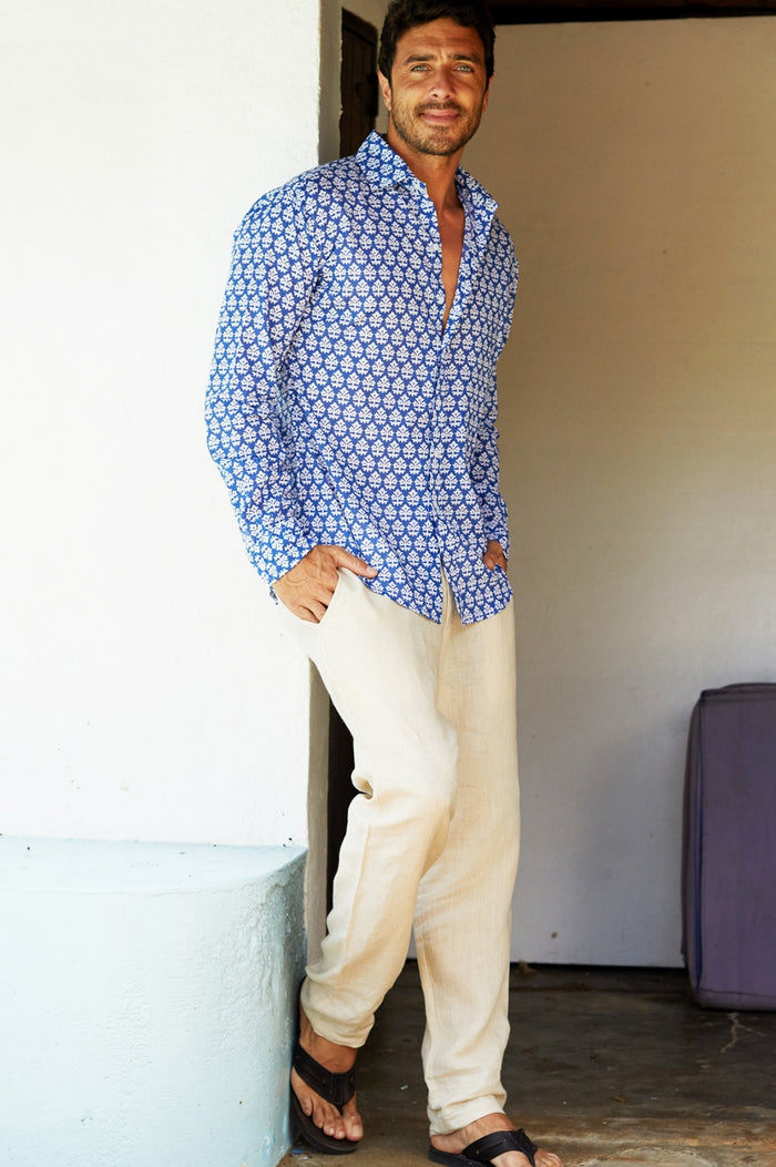 Men's Printed Cotton Shirt | Batik Blue/White - Aspiga