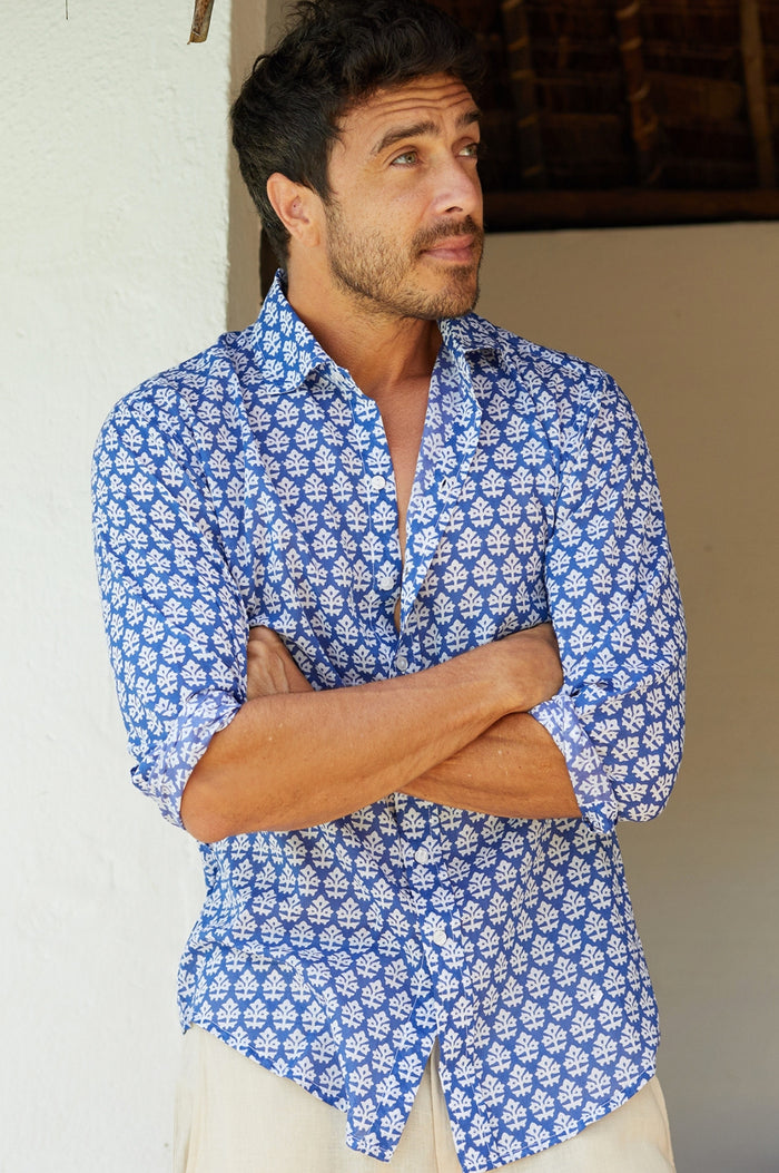 Men's Printed Cotton Shirt | Batik Blue/White - Aspiga