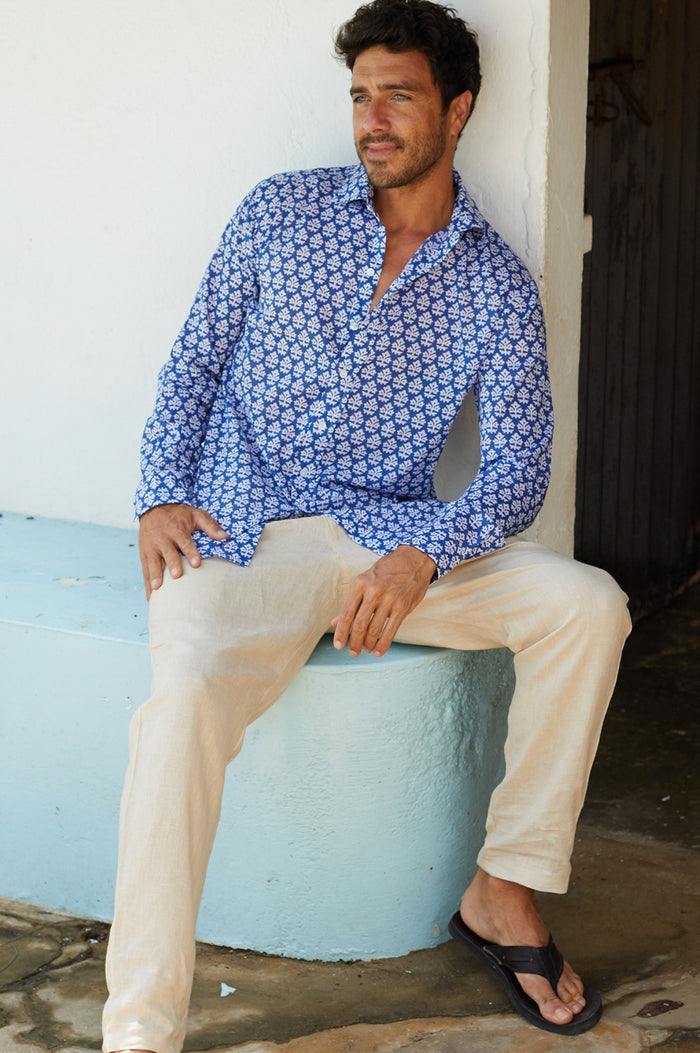 Men's Printed Cotton Shirt | Batik Blue/White - Aspiga