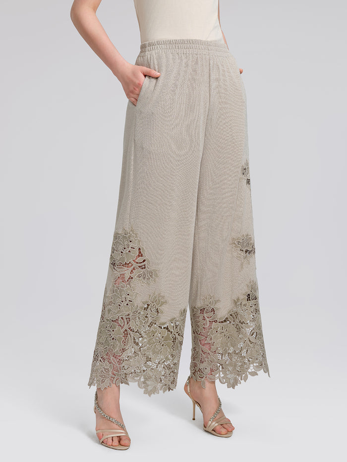 Metallic Knit Lace Trim Elastic-Waist Pants