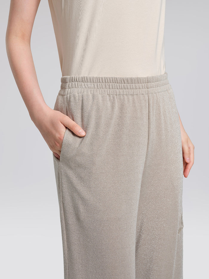 Metallic Knit Lace Trim Elastic-Waist Pants