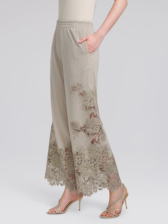 Metallic Knit Lace Trim Elastic-Waist Pants
