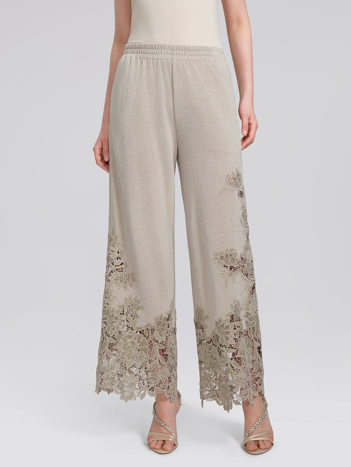 Metallic Knit Lace Trim Elastic-Waist Pants