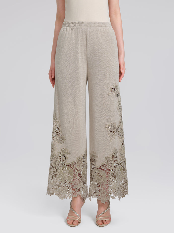 Metallic Knit Lace Trim Elastic-Waist Pants