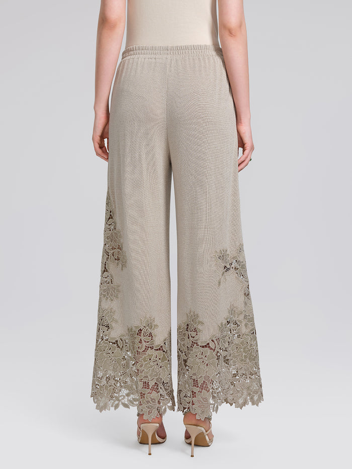 Metallic Knit Lace Trim Elastic-Waist Pants