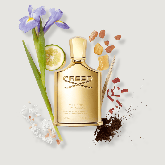 Creed Gold Millésime Impérial with Citrus, Iris & Sandalwood Ingredients - Flat Lay | Creed Fragrances