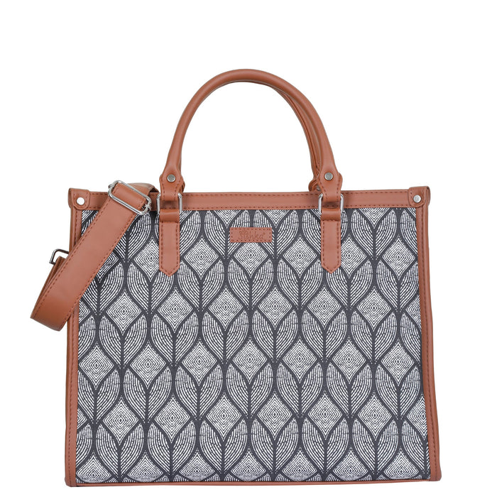 Handcrafted monochrome printed canvas top‑handle laptop tote bag with padded laptop compartment and shoulder strap for office, work and daily use