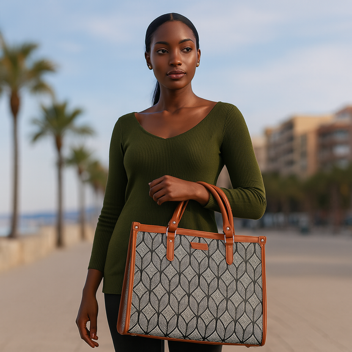 Handcrafted monochrome printed canvas top‑handle laptop tote bag with padded laptop compartment and shoulder strap for office, work and daily use-model image
