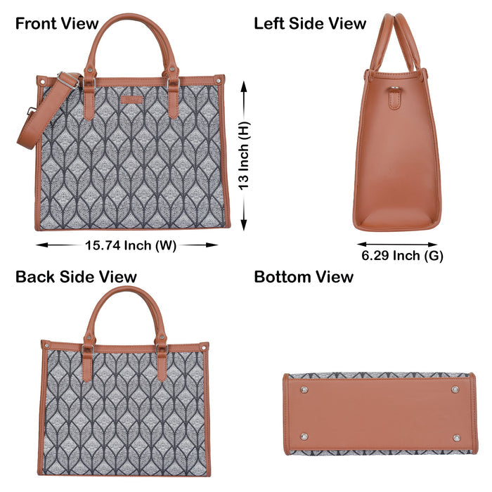 Handcrafted monochrome printed canvas top‑handle laptop tote bag with padded laptop compartment and shoulder strap for office, work and daily use-infographic image