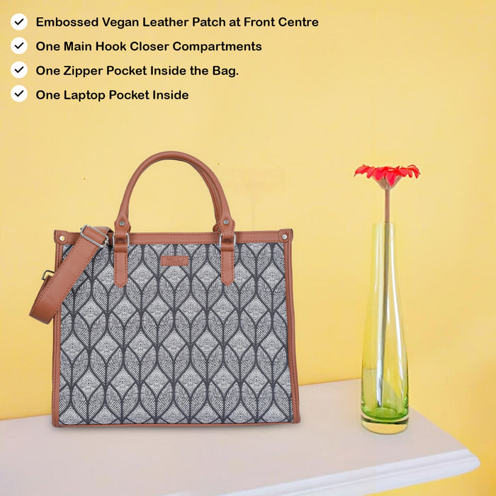 Handcrafted monochrome printed canvas top‑handle laptop tote bag with padded laptop compartment and shoulder strap for office, work and daily use-feature image
