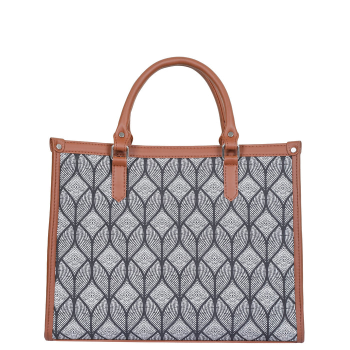 Handcrafted monochrome printed canvas top‑handle laptop tote bag with padded laptop compartment and shoulder strap for office, work and daily use-back view
