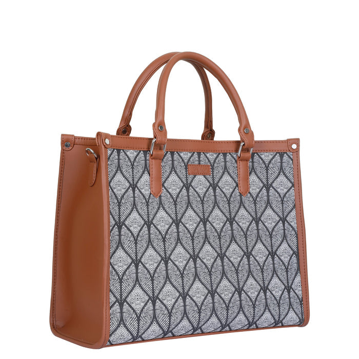 Handcrafted monochrome printed canvas top‑handle laptop tote bag with padded laptop compartment and shoulder strap for office, work and daily use-half side view