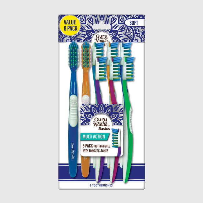 Multi-Action Toothbrush with Tongue Cleaner – 8 Pack