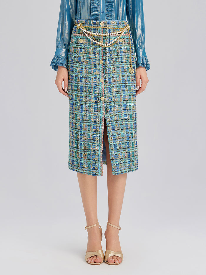 Multicolor Tweed Hand-Sewn Braid Trim Skirt