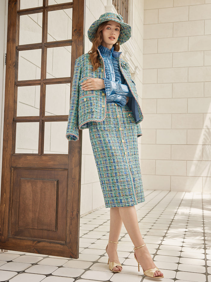 Multicolor Tweed Hand-Sewn Braid Trim Skirt