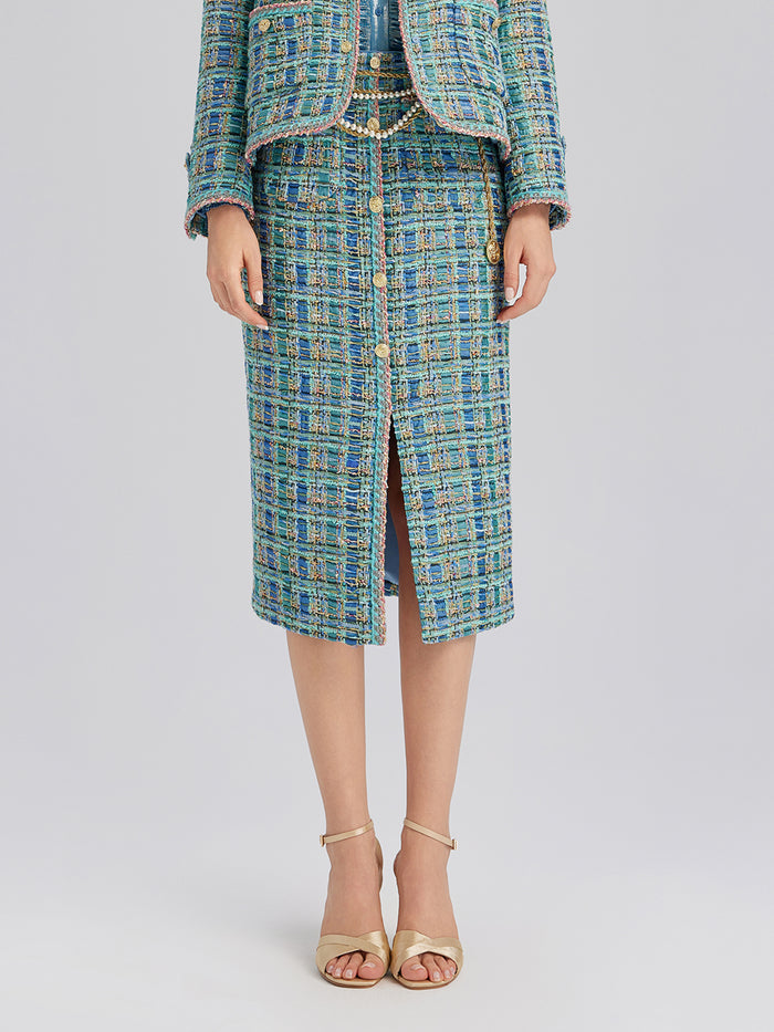 Multicolor Tweed Hand-Sewn Braid Trim Skirt