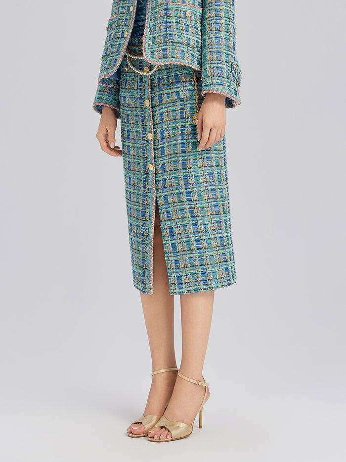 Multicolor Tweed Hand-Sewn Braid Trim Skirt