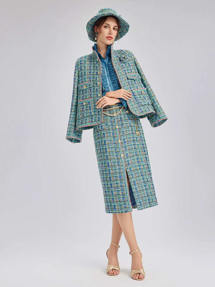 Multicolor Tweed Hand-Sewn Braid Trim Skirt