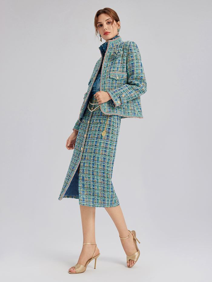 Multicolor Tweed Hand-Sewn Braid Trim Skirt