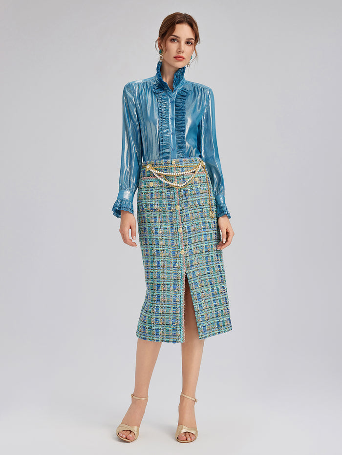 Multicolor Tweed Hand-Sewn Braid Trim Skirt