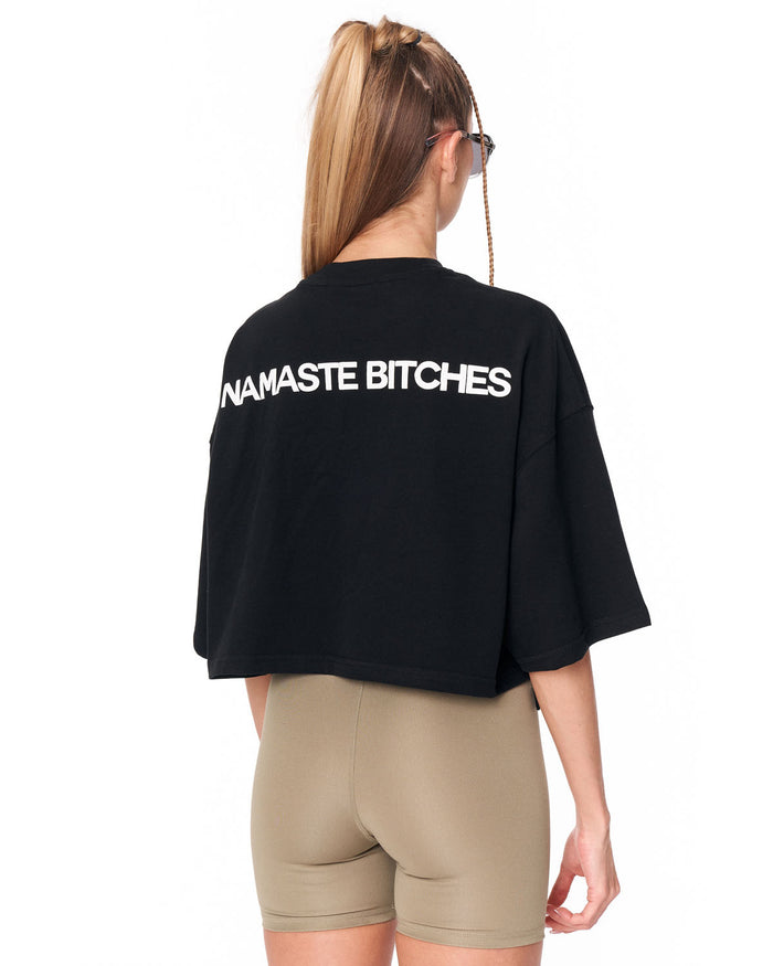 Namaste black crop-top T-shirt with tonal hand symbol