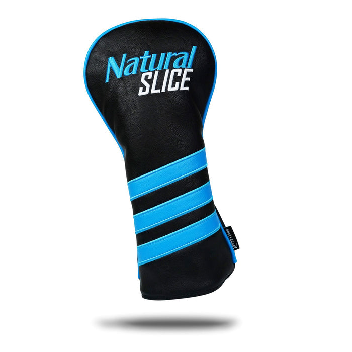 The Natural Slice - Driver Headcover features black premium PU leather with blue diagonal stripes and trim, "Natural SLICE" embroidered on top, a soft shadow effect, and a small black side tag.