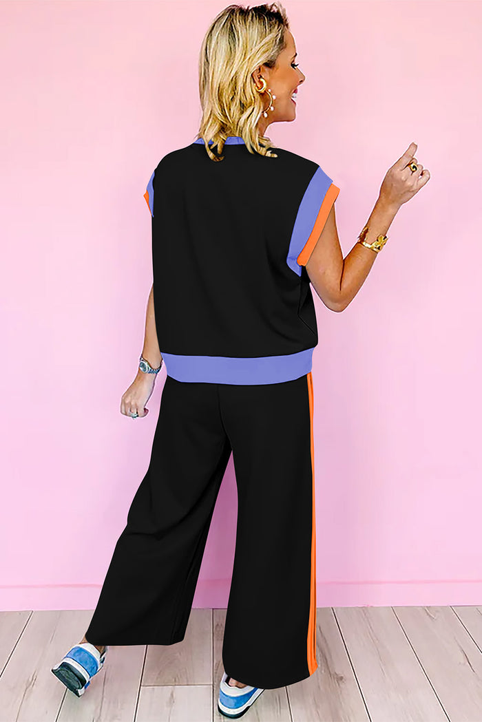 Navy Blue Color Block Detail Casual Two-piece Set