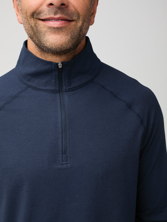 Raglan sleeve for improved range of motion # Tech Quarter Zip in Navy | New & Improved at Fresh Clean Threads