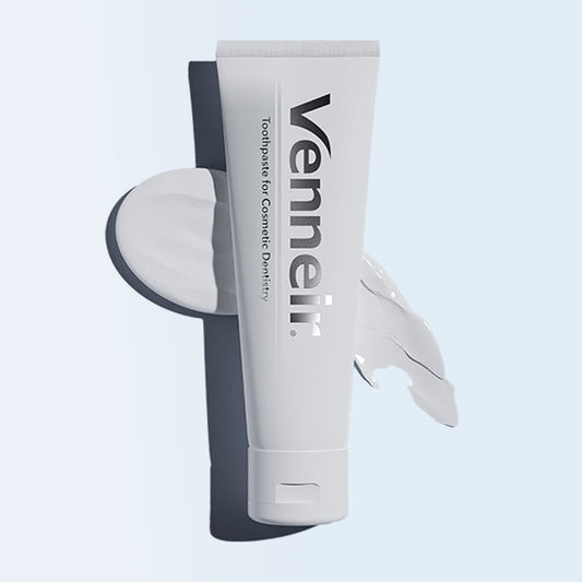 Non-abrasive toothpaste for veneers composite bonding and stain removal on blue background