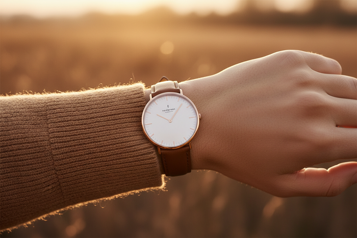 Nordgreen Native Rose Gold Brown Leather Wrist Lifestyle