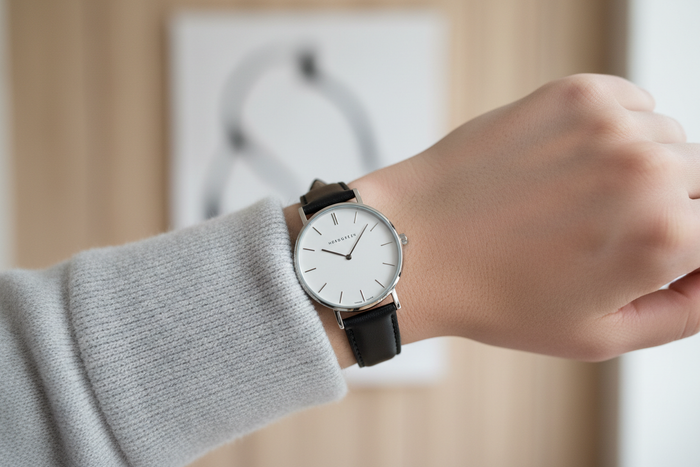Nordgreen Native 32mm Silver Case Black Leather watch worn on wrist, luxury lifestyle editorial