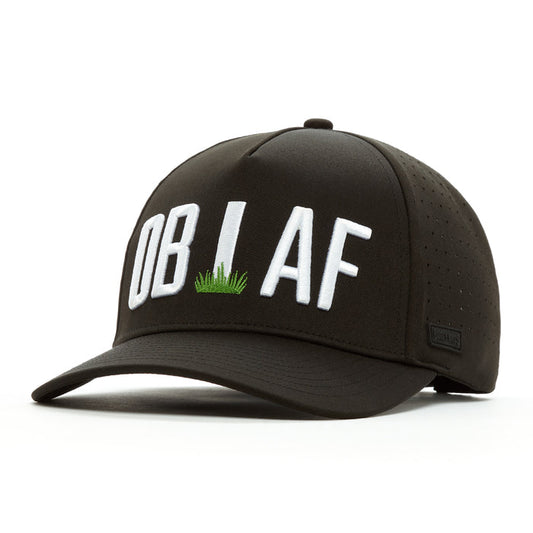 The OB AF - Performance Golf Hat - Snapback is a black cap with “OB I AF” in bold white letters, the “I” as a golf tee in green grass. Made from performance material, it has a curved brim, sweat-resistant finish, and side perforations.
