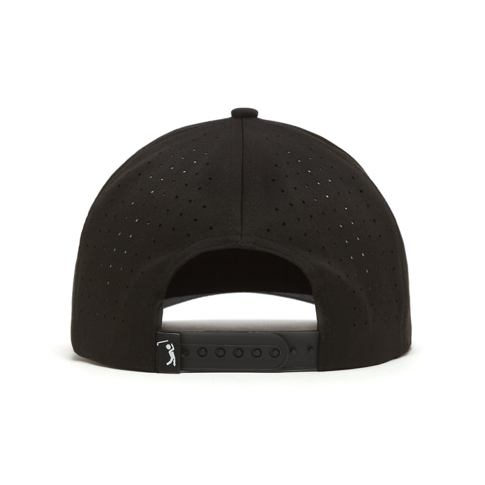 Back view of the OB AF - Performance Golf Hat - Snapback in black, featuring vented performance fabric, adjustable snapback closure, and a small tag with a white golf club and ball graphic on the strap’s bottom left.