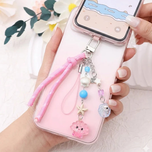 Ocean-Themed Beaded Y2K Phone Charm Keychain | Cute Pastel Seashell & Starfish Bag Charm, Handcrafted Kawaii Cord Lanyard Wristlet Accent (AKY1283)