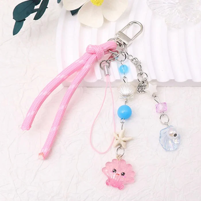 Ocean-Themed Beaded Y2K Phone Charm Keychain | Cute Pastel Seashell & Starfish Bag Charm, Handcrafted Kawaii Cord Lanyard Wristlet Accent (AKY1283)