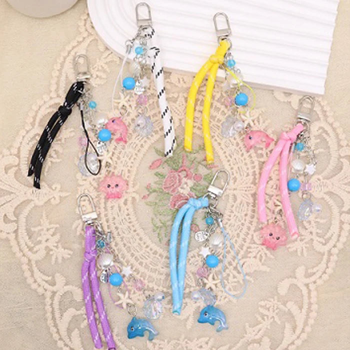 Ocean-Themed Beaded Y2K Phone Charm Keychain | Cute Pastel Seashell & Starfish Bag Charm, Handcrafted Kawaii Cord Lanyard Wristlet Accent (AKY1283)