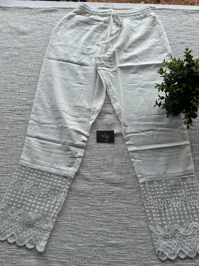 Off white lace work straight fit cotton pant